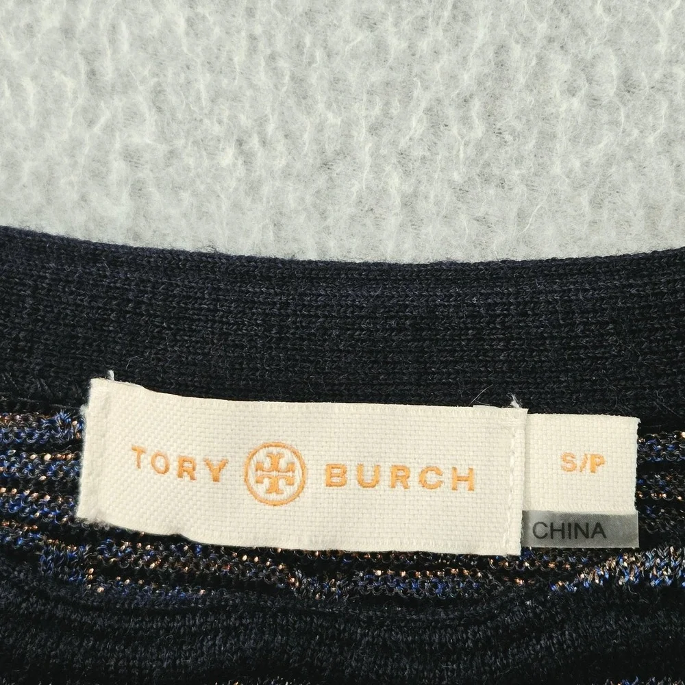 Tory‎ Burch Sweater Womens S Navy Metallic Wave Knit Crewneck Pullover Fitted